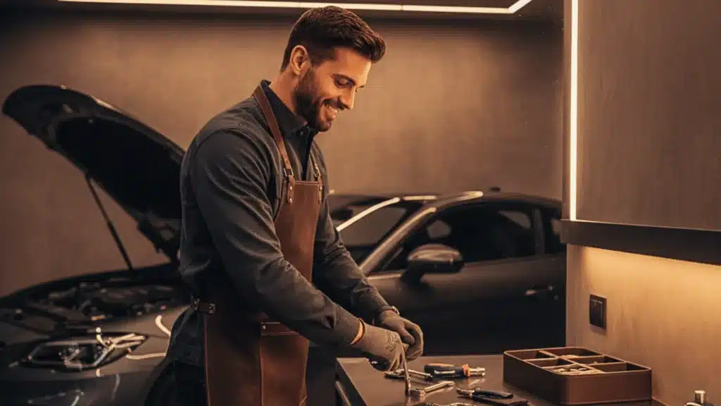 Mechanic in a nicely lit garage, working on a workbench with his tools nicely organized