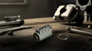 Automotive Accessories 4 Cylinder Engine Bronze and Gold Keychain On A Mechanics Work Bench, With a Differential And Wrenches On The Workbench