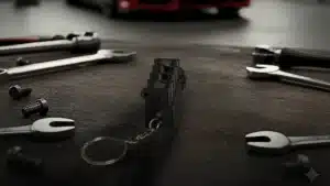 Automotive Accessories Black And Bronze 4 Cylinder Engine Keychain On Workbench In A Garage Next To A Red Sports Car