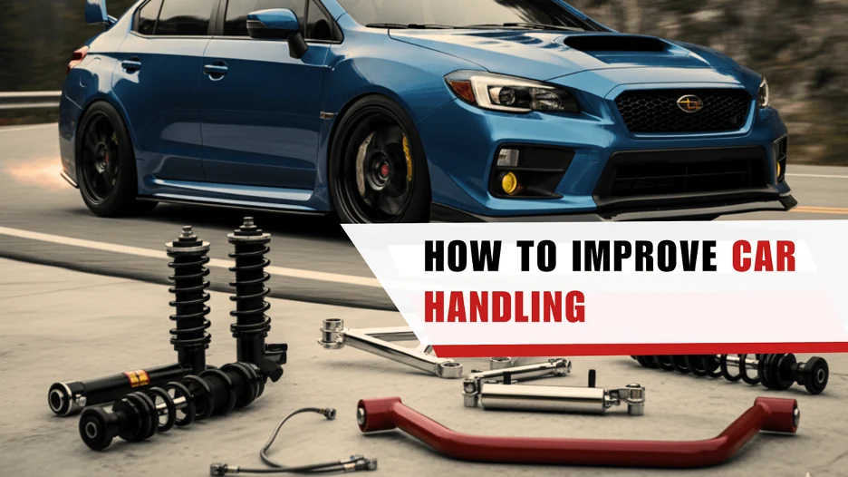 A blue Subaru WRX driving on a curvy road with a close-up of various car suspension parts, including shock absorbers, springs, and control arms, in the foreground. The image has a text overlay that reads "HOW TO IMPROVE CAR HANDLING".