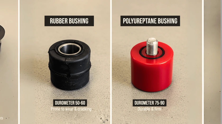A side-by-side comparison of two car bushings. On the left is a black rubber bushing with a durometer of 50-60, described as being "prone to wear & cracking." On the right is a red polyurethane bushing with a durometer of 75-90, described as "durable & firm."