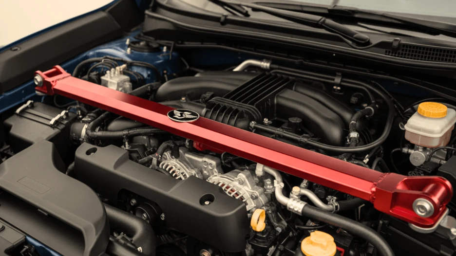 A red strut tower bar is installed across the engine bay of a car. The car's engine is visible underneath it.
