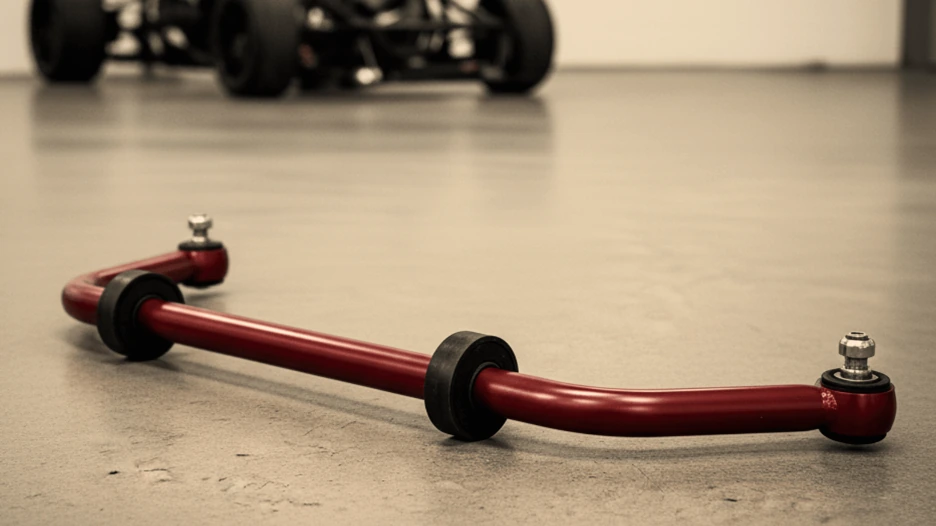 A single, red, curved sway bar with black bushings is lying on a concrete floor. A blurred car chassis is in the background.