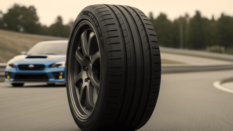 A close-up of a high-performance car tire and wheel on a curvy road, with a blurred blue car in the background.