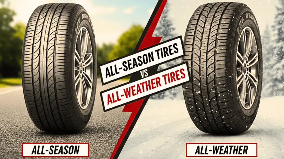 A dynamic split image showing an all-season tire on a dry road versus an all-weather tire on a snowy road, with a central graphic stating 'All-Season Tires vs All-Weather Tires'.