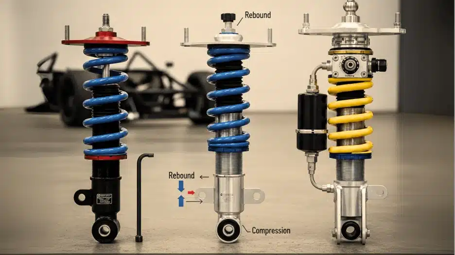 An image of three car coilover suspension systems with different features, including a blue spring, a yellow spring, and an external reservoir.