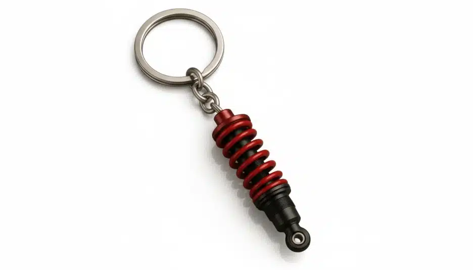 coilover keychain made of metal and plastic, with red springs and a black shock.