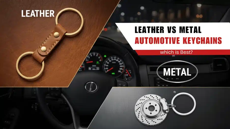 A flat lay image showing a leather with keyrings and a metal brake disk keychain side by side on a car dashboard image labelled “ Leather vs Metal Automotive Keychains: Which Is Best?”