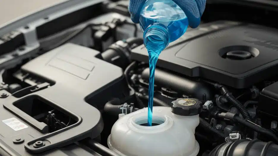 A person wearing a work glove carefully pours blue coolant from a bottle into the open reservoir of a car engine.