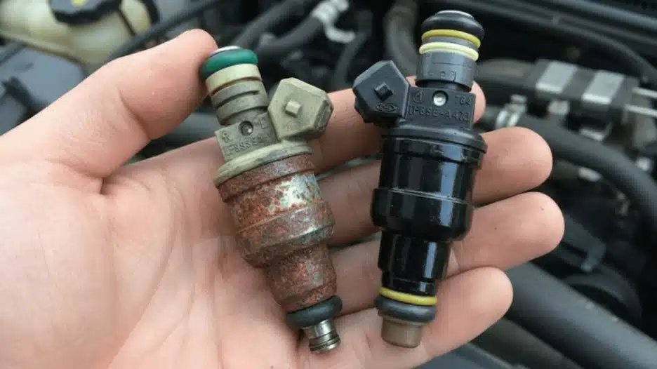 A hand holds two fuel injectors, one old and heavily corroded with rust, and the other new and clean, against a blurred engine background.