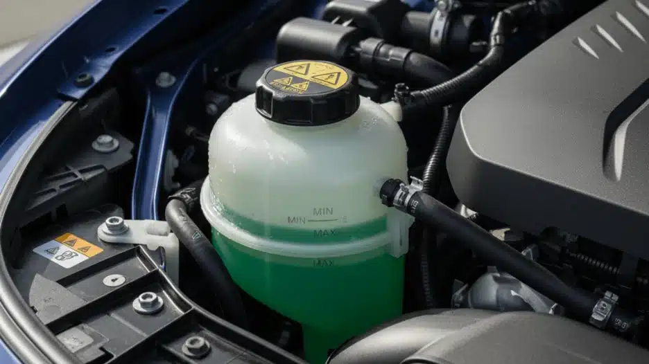 A clear plastic car coolant reservoir with green fluid visible, featuring a dark cap with an emblem, nestled in a clean engine bay.