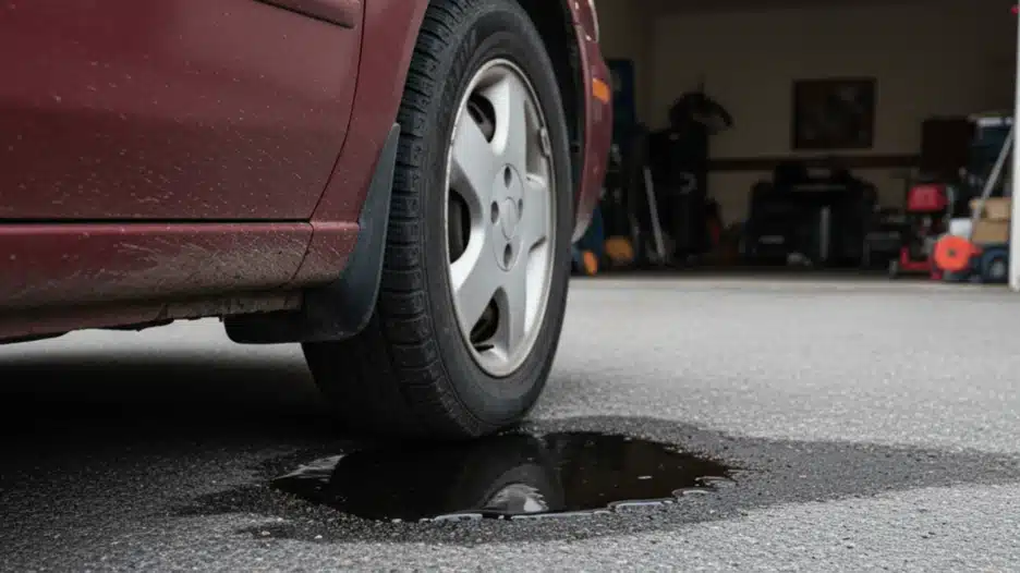 A dark fluid has leaked from a red car onto the asphalt driveway, forming a puddle near the front tire, with a garage interior visible in the background.
