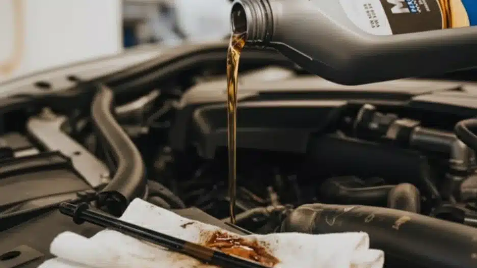 Hand pouring fresh transmission fluid into a car engine, with a dipstick showing dirty fluid on a cloth.