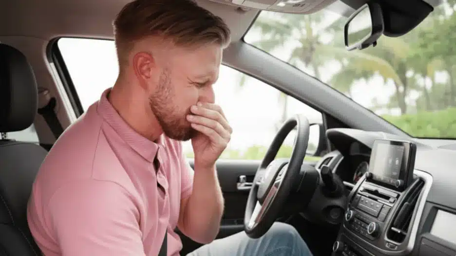 A man in a pink polo shirt sits in a car, pinching his nose with a disgusted expression due to a fuel odor, with palm trees visible outside.