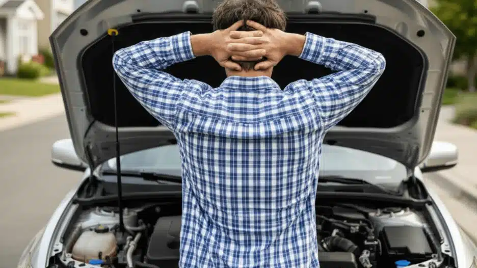 A man in a blue and white plaid shirt stands with his hands clasped behind his head, looking stressed at the open hood of a broken-down silver car.