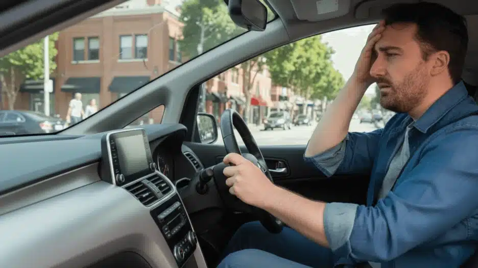 A man in a denim shirt sits in the driver's seat of a car, looking stressed with one hand on his forehead, and a city street visible outside.