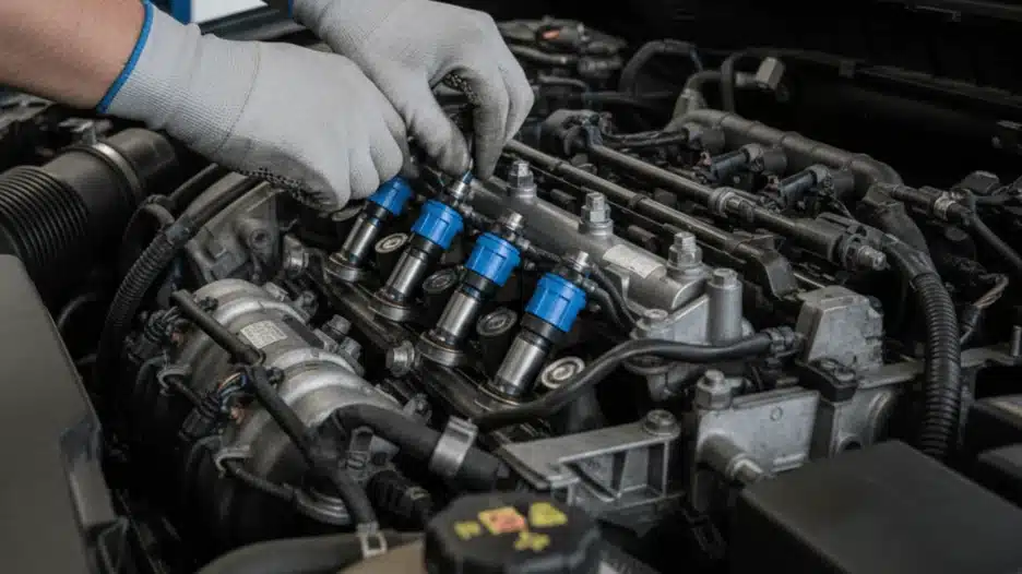 A close-up of a mechanic's gloved hands working on the blue-topped fuel injectors of a car engine.