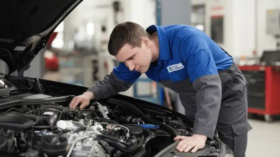 A male mechanic in a blue and grey uniform is diligently inspecting the engine bay of a car in a clean workshop.