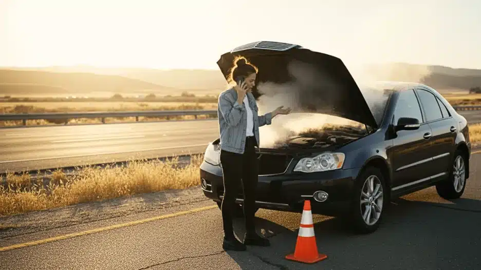 A woman in a casual outfit stands by her smoking car on a deserted road, looking concerned as she makes a call on her phone.