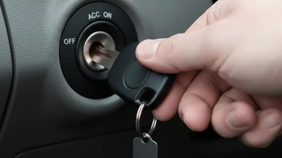 A close-up of a hand twisting a car key in the ignition switch towards the "OFF" position on a gray dashboard.