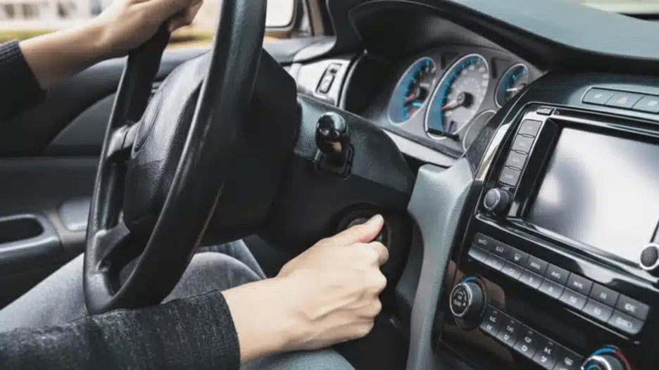A person's hands are on a car's steering wheel and turning the ignition key, with a modern dashboard and infotainment system visible.