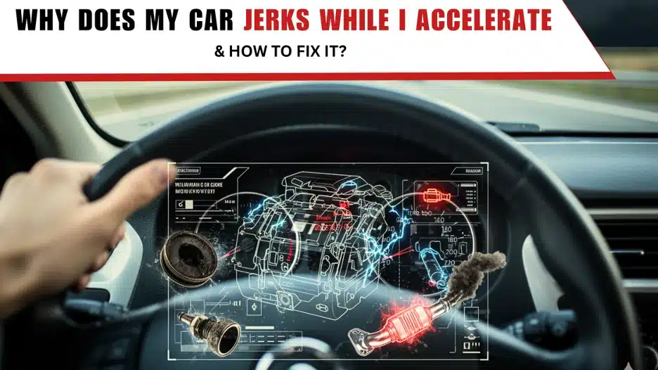 Car dashboard with driver's hands, overlayed with glowing car engine components and text 'Why Does My Car Jerk While I Accelerate?'