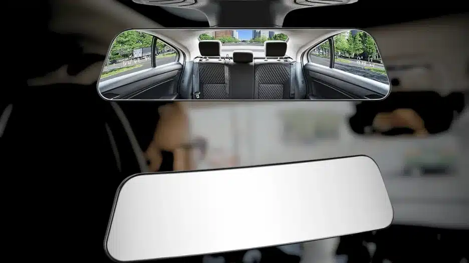 Two views of 12in ultra-wide panoramic rearview mirror: one showing an expanded view of the car's back seat and rear window, and one showing the mirror's plain reflective surface.