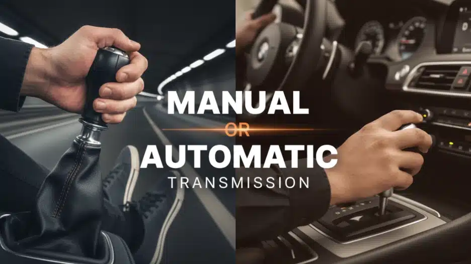 A split image showing a hand on a manual gear stick on the left, and a hand on an automatic gear stick on the right, with the text "MANUAL OR AUTOMATIC TRANSMISSION" in the center.