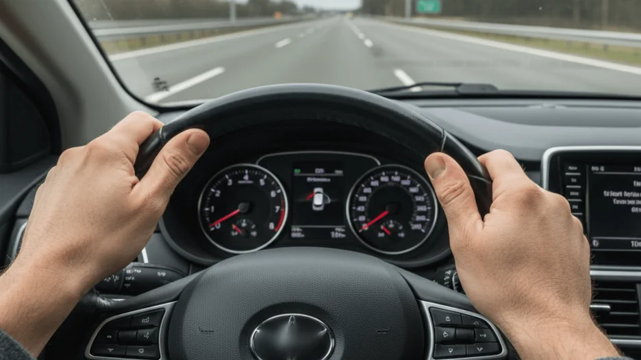 Driver's perspective, hands on a steering wheel, looking down a highway.