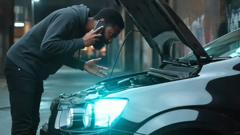 Driver inspecting engine bay with car hood open while talking on a phone after a vehicle issue at night.