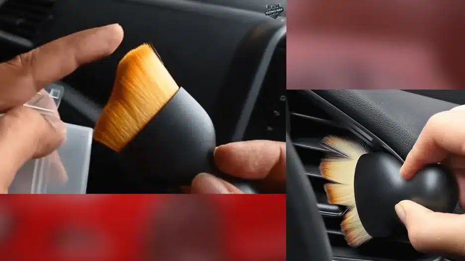 A multi-panel image showing a small, soft-bristled brush being used by a hand to clean dust from the interior surfaces and air vents of a car's dashboard.