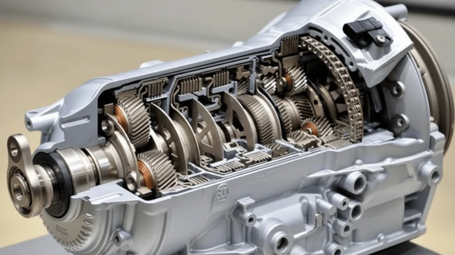 Cutaway view of an automatic car transmission system, showing internal gears and components.