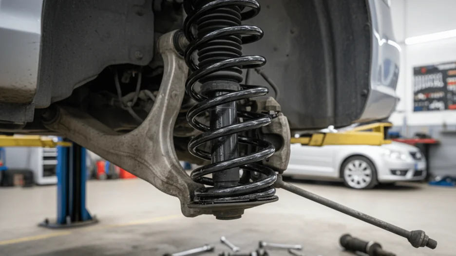 Car's front suspension system on a lift in a garage, showing a shock absorber, control arms, and tools.