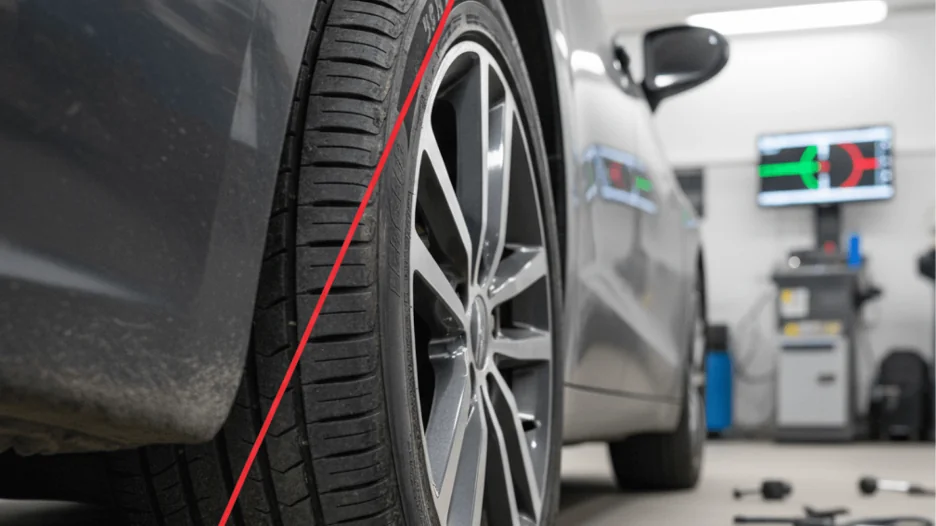 Close-up of a car tire in a garage, with a red line indicating misalignment, and a wheel alignment machine in the background
