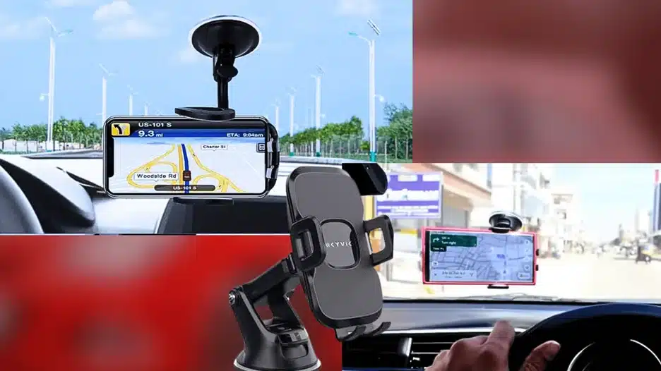 A collage showing various smartphone mounts in use for GPS navigation, including a suction cup mount on a windshield and a mount secured to the dashboard.