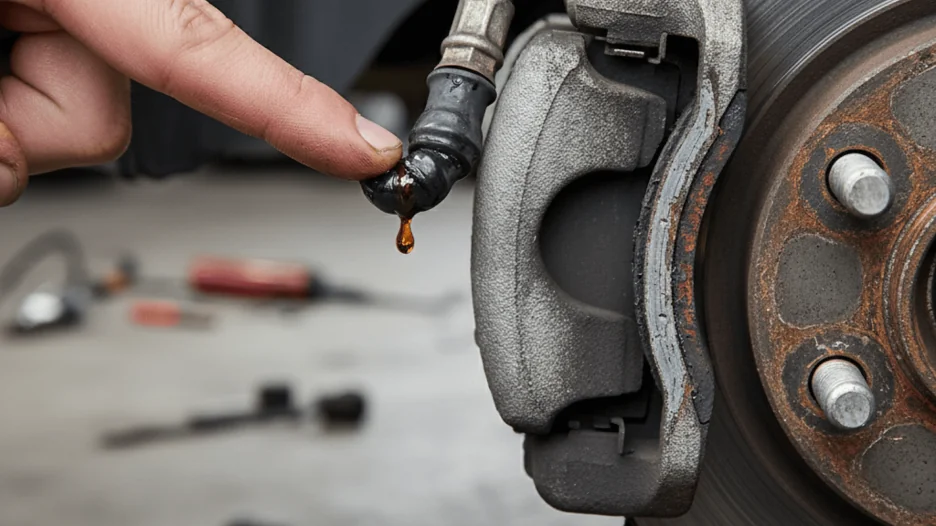 Close-up of a brake caliper and rotor, with a hand pointing to a leaking brake hose.