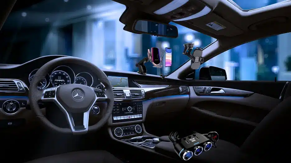 Various views of smartphones mounted on car dashboards and windshields using different types of phone holders for GPS navigation.