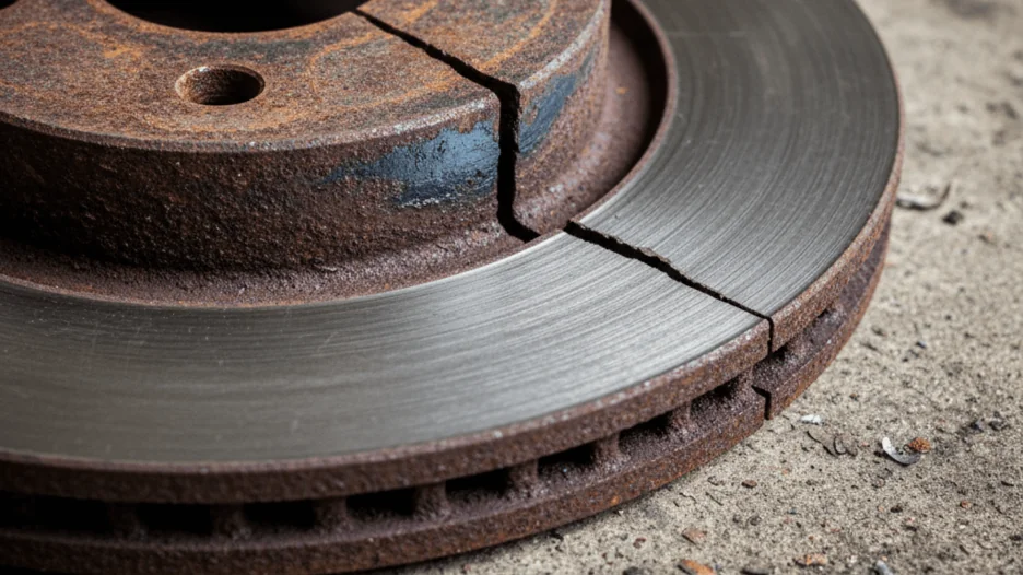 Severely rusted and cracked car brake rotor lying on a concrete surface.