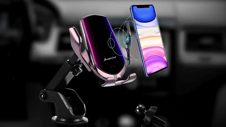 A gradient purple and black automatic clamping wireless car charger mount holding a smartphone, with graphic lines indicating the wireless charging function.