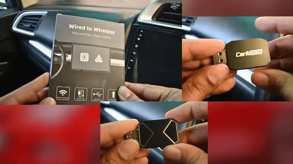 Hands holding a small, black USB adapter labeled "CarAIBox" for converting a wired car infotainment system (like Apple CarPlay) to a wireless one, next to its packaging.