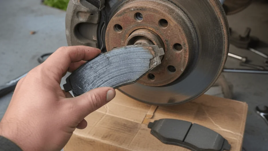 Hand holding a severely worn brake pad in front of a rusty brake rotor, with a new brake pad resting on a box.