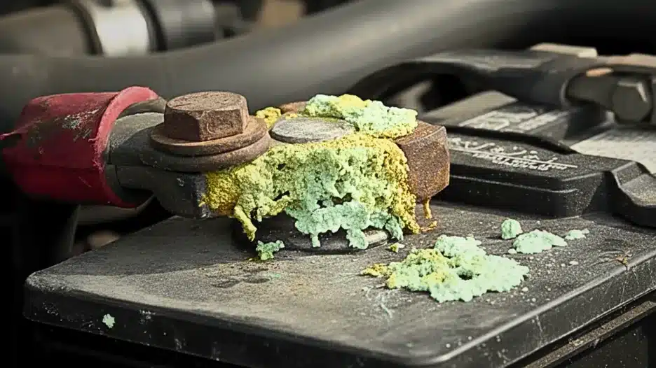 Corroded car battery terminal with green and white corrosion buildup on the battery post and clamp under the hood