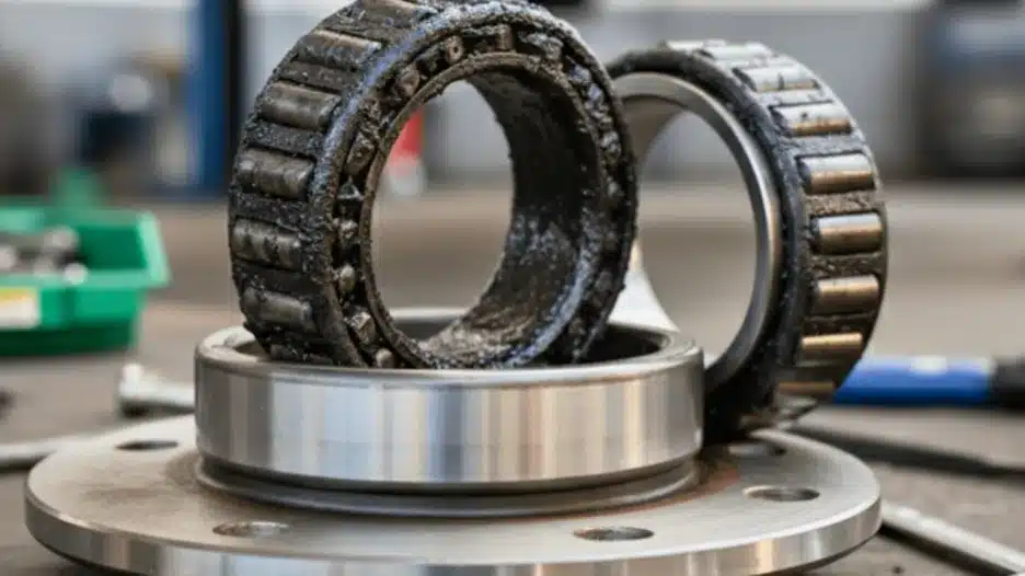 Two roller wheel bearings removed from a hub, showing visible grease and wear, resting on a metal surface in a workshop.
