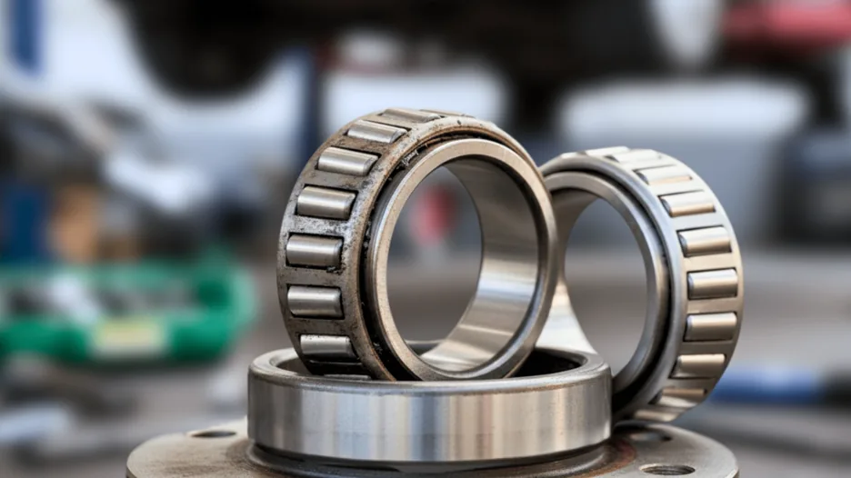 Close-up of a wheel bearing and hub assembly placed on a workbench inside an automotive repair shop.
