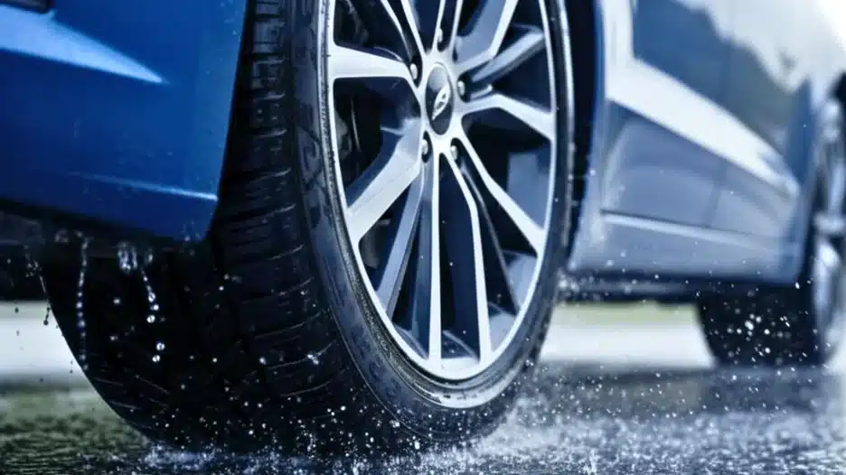 Car tire driving through standing water on a wet road, showing reduced traction and the risk of hydroplaning during heavy rain.