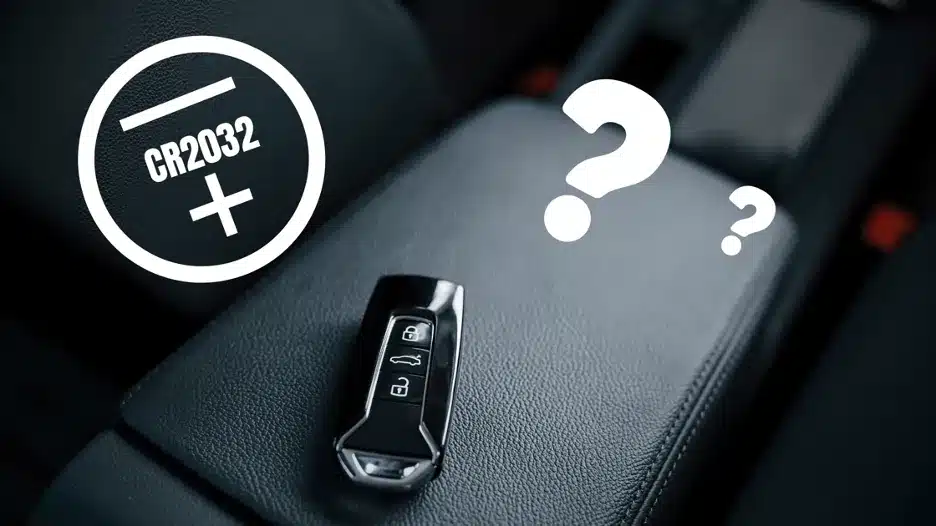 Car key fob with CR2032 battery symbol showing common battery type for replacement