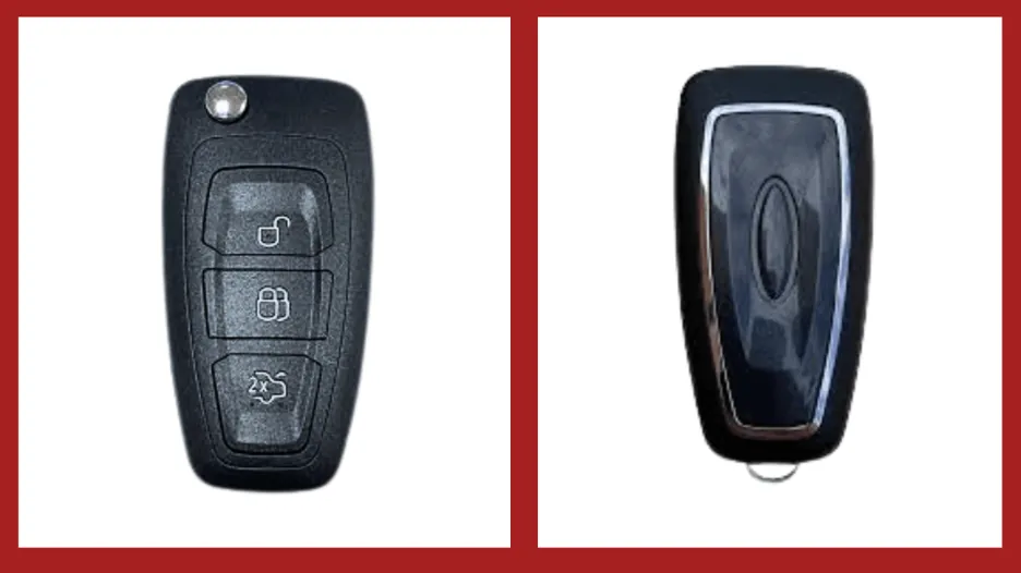 Front and back view of a flip car key fob with lock and unlock buttons