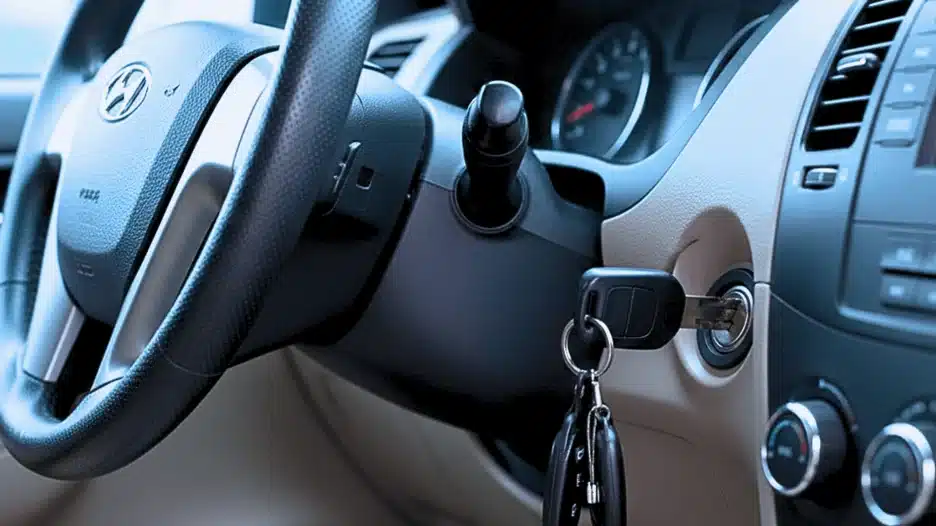 car interior showing a key inserted into the ignition switch next to the steering wheel.