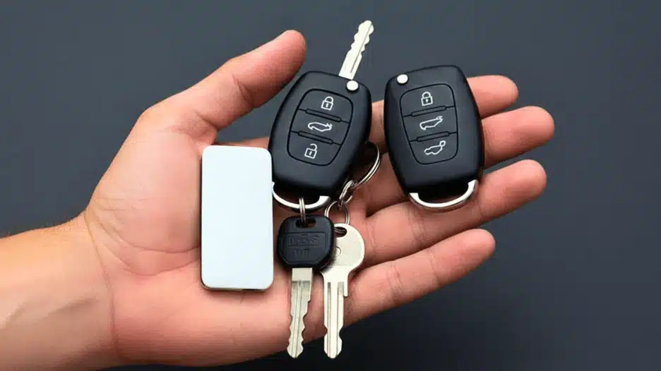Hand holding traditional car keys, remote key fobs, and a smart key device showing different car key types.