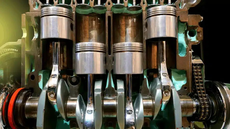 Cross-sectional view of a four-cylinder internal combustion engine showing pistons, connecting rods, crankshaft, and timing chain inside the engine block, with gradient yellow colour at the side, showing how a 4-cylinder engine works.